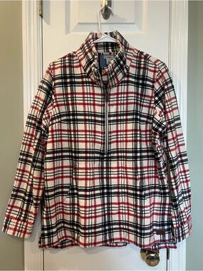 L.L.Bean Plaid Pullover Jacket Women’s Red Black Cream Quarter Zip Flannel M b1